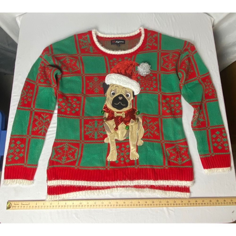 33 Degrees Ugly Christmas Sweater Red Green Holiday Pug Dog L Large